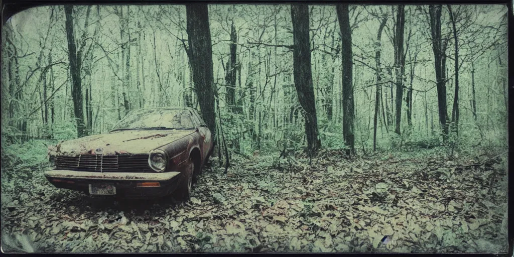 Prompt: analog polaroid of abandoned car in a forest, wide shot, vintage colors, color bleed, gritty