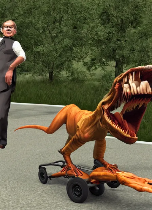 Image similar to Stephen Hawking riding on a trex in garrys mod