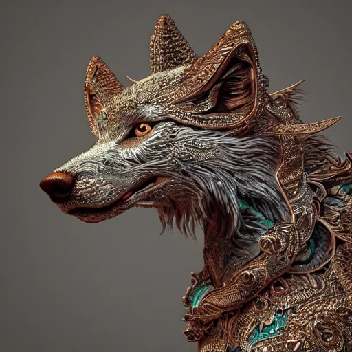 Prompt: A photo-real delicate sculpture of an ornate detailed wolf in front of a intricate background by AJ Fosik, micro detail, backlit lighting, octane renderer, colorful, physically based rendering, tribal art, trending on cgsociety