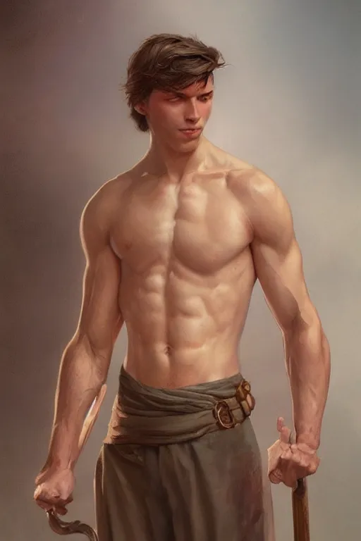 Image similar to Young man, no beard, muscular upper body, D&D, fantasy, realistic physic, accurate hyper-realistic body, elegant, highly detailed, digital painting, artstation, concept art, smooth, sharp focus, illustration, art by artgerm and greg rutkowski and alphonse mucha