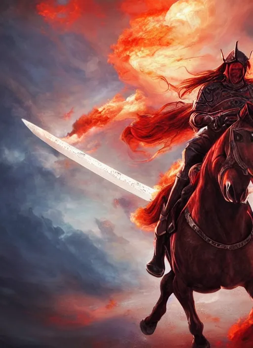 Prompt: the first horseman of the apocalypse riding a strong big red stallion, horse is running, the rider carries a large sword, flames from the ground, artwork by artgerm and rutkowski, breathtaking, dramatic, full view