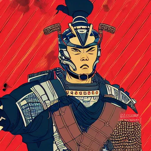 Prompt: a powerful japanese samurai wearing cyber thunder gear, detailed face, face symmetry, character concept portrait by moebius and laurie greasley, colorful, profile picture, 8 k, cinematic color grading