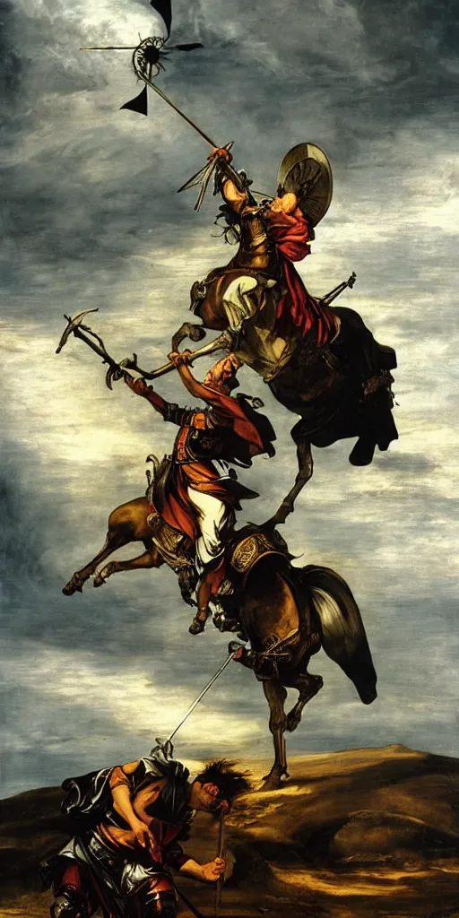 Prompt: don quixote fighting with an anthropomorphic windmill of lamancha during a stormcloud with dramatic airbrushed clouds over black background by Luis royo and Caravaggio, realistic