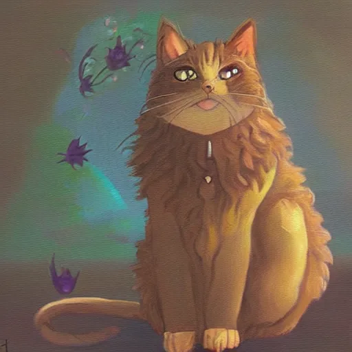 Prompt: An oil painting of cat wizard in the style of Ghibli