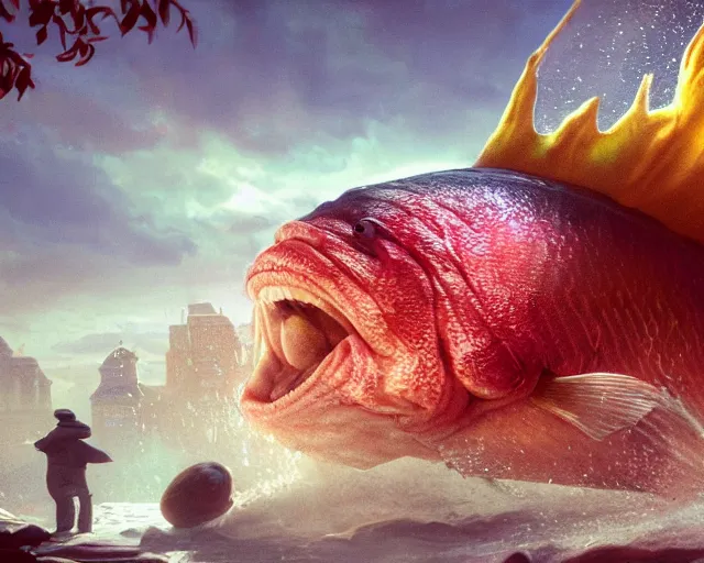 Prompt: of a very beautiful scene. ambient occlusion render. a sweet fat old woman is giving birth to a huge colorful fish. hyper realistic. 4 k. wide angle. sadness symmetrical face, red mouth, blue eyes. deep focus, lovely scene. ambient occlusion render. concept art. unreal engine.