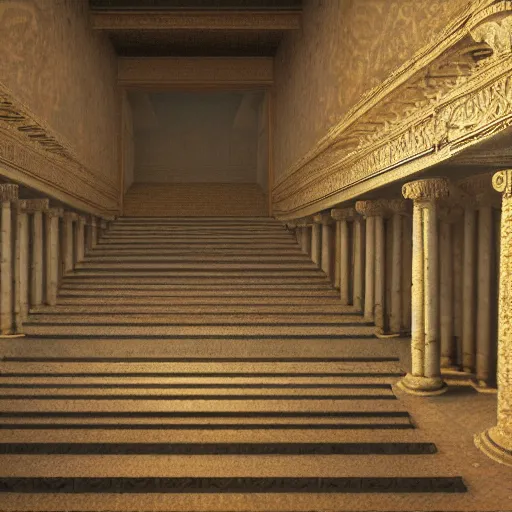 Image similar to fine concept art of a scene representation inspired by the song Hall of the Stairs / Hall of the Mosaics by Andreas Vollenweider, highly realistic and detailed, intricate, cinematic lighting