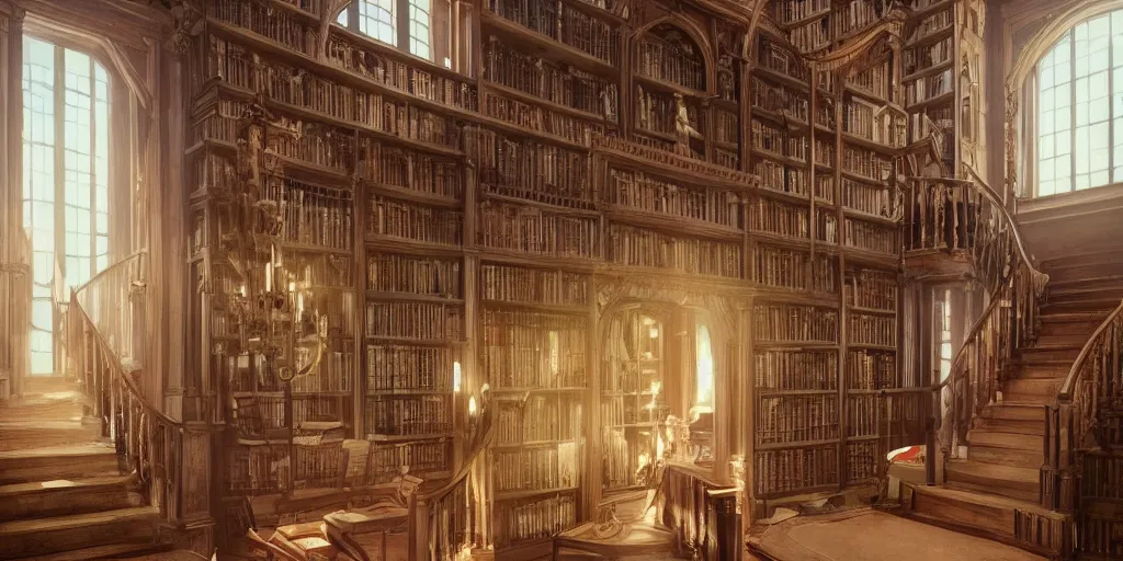 Prompt: photo of a stunning two story mansion library room. architecture. cozy. stairs. trending on artstation. cgsociety. art by greg rutkowski and moebius.