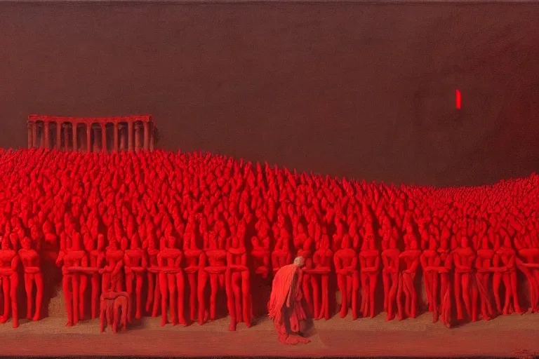 Image similar to only with red, a red melted emperor, taormina amphitheatre, crowd hails him, in the style of beksinski, parts by edward hopper, parts by rodcenko, parts by yue minjun, intricate and epic composition, red by caravaggio, insanely quality, highly detailed, masterpiece, red light, artstation, 4 k