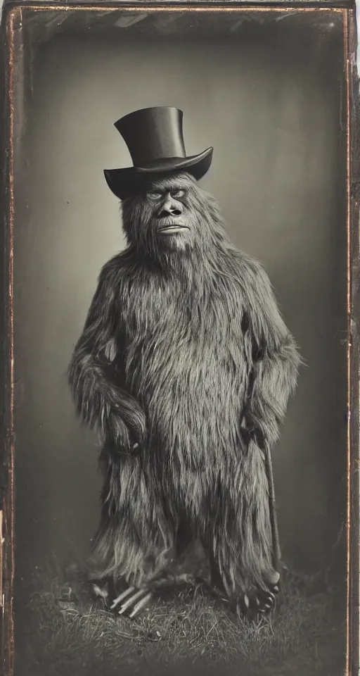 Image similar to a vintage wet plate portrait of a dignified bigfoot with a top hat and cane, extremely detailed