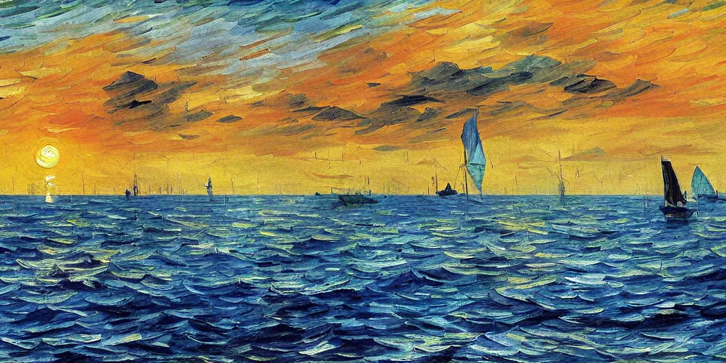 Image similar to rising sun ( ( ( fishing cormorant, fishing boat ) ) ) on the naples bay, by leonid afremov and van gogh and moebius, sharp details