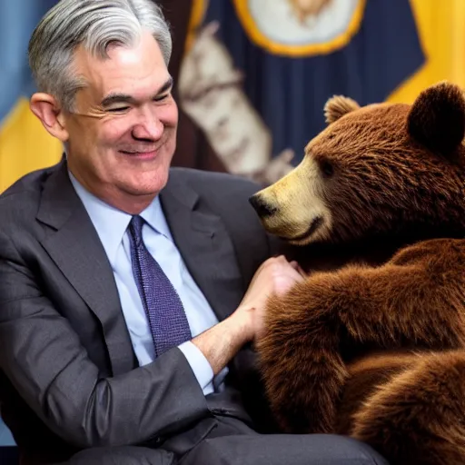 Image similar to Jerome Powell snuggling a bear