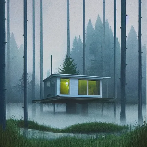 Image similar to “ swedish futuristic cabin next to the lake in the forest by simon stalenhag, misty morning ”