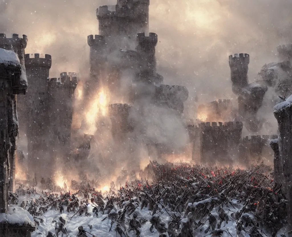 Prompt: Siege of a medieval castle in winter while two great armies face each other fighting below and catapults throw stones at the castle destroying its stone walls, heavy snow storm, fantasy, medieval, fire, explosions and grey smoke here and there, highly detailed, Artstation, oil on canvas painting by greg rutkowski