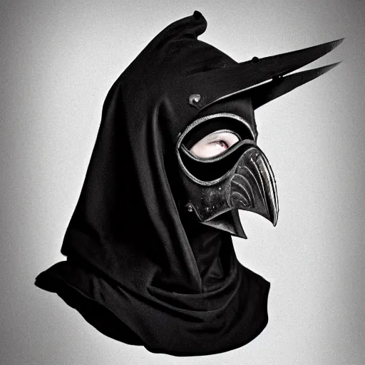 Image similar to female plague doctor donning a black hood, steel armor and a white crow mask, trending on artstation