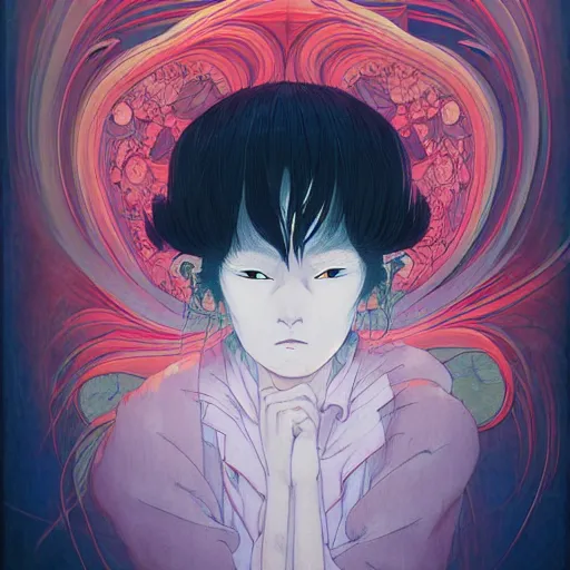 Image similar to prompt : yokai portrait soft light painted by james jean and katsuhiro otomo and erik jones, inspired by evangeleon anime, smooth face feature, intricate oil painting, high detail illustration, sharp high detail, manga and anime 1 9 9 9