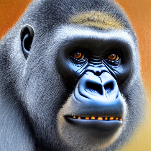 Prompt: a portrait of a posed petite silver gorilla in a cornfield, oil painting, pale colors, high detail, 8 k, wide angle, trending on artstation,