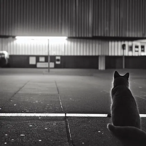 Image similar to a cat waiting at an overhead carpark at night, cinematic lighting