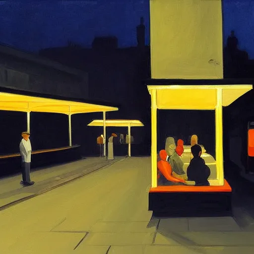 Image similar to a some people waiting in a lone bus stop in quiet dark city night painted by Alex Katz and Edward Hopper, high quality, high resolution,detailed