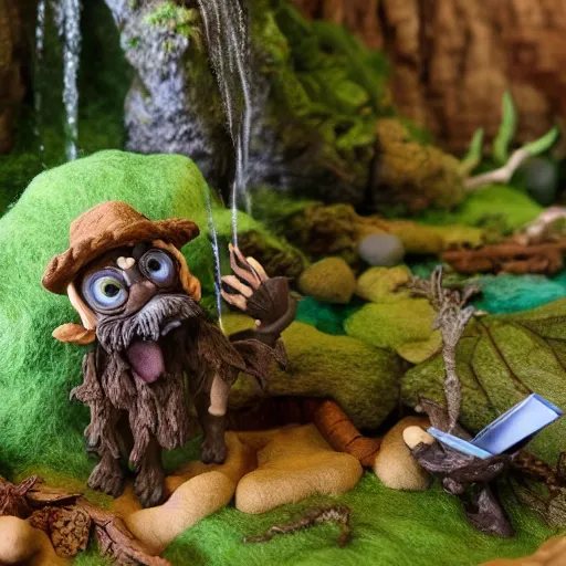 Image similar to high - res photograph of a claymation sculpture action figure cute fluffy critters, highly detailed sculpey diorama, forest setting, waterfall backdrop, realistic materials, wood, felt, cloth, burlap, smooth, sharp foccus, commercial product photography,