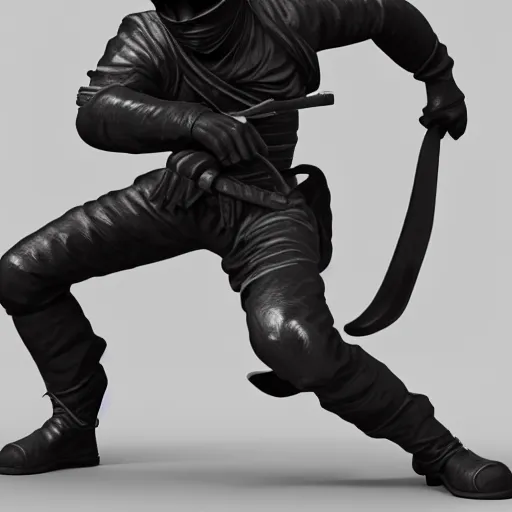 Image similar to focused 3 d rendering of marble and chrome statue of ninja wearing full face mask and hunter hat, no pose, combat suit, technological, octane render