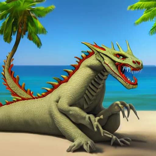 Image similar to Photorealistic award-winning anthromorphic dragon relaxing in a beach, 3D, as coherent as Dall-E 2