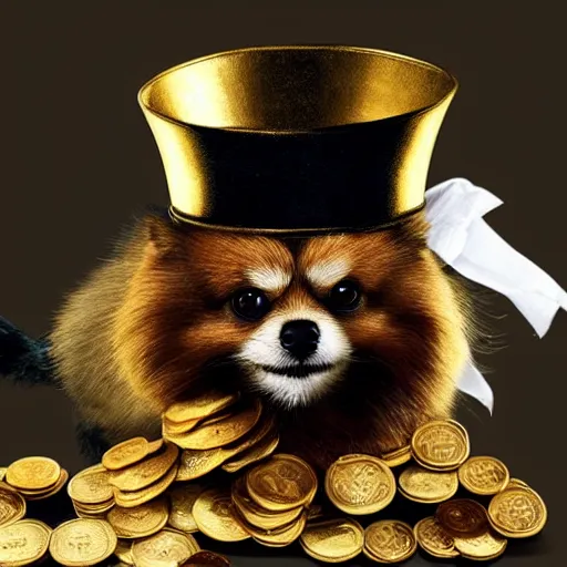 Image similar to A pomeranian wearing a top-hat and a monocle over its left eye, sitting on a pile of gold coins