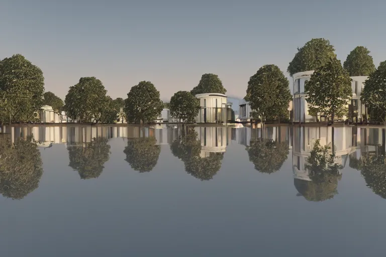 Prompt: many white round spherical buildings are crowded and combined to form a building on the calm lake, by pierre bernard, on the calm lake, people's perspective, future, interior wood, dusk, unreal engine highly rendered, global illumination, radial light, internal environment