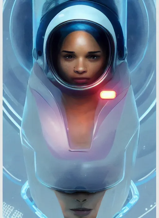 Image similar to Zoe Kravitz with short hair as a futuristic astronaut, helmet with led lights, underwater in the ocean at night, clear water, volumetric lighting, glowing lights, 4k, octane, digital painting, artstation, concept art, sharp focus, illustration, art by artgerm and greg rutkowski and alphonse mucha , wide angle view,