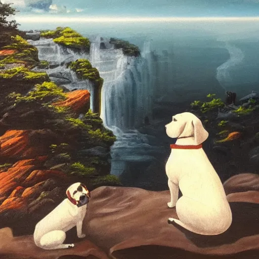 Image similar to two dogs are sitting on the a rock and looking at the bay, waterfall and fight of godzillas, oil painting, high detailed