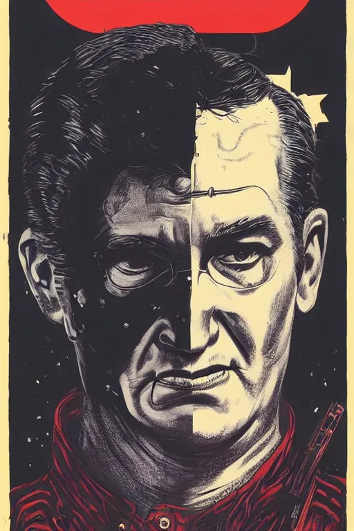 Image similar to Ted Cruz is the zodiac killer, unmasked, horror, slasher, retro cover, high details, intricate details, by vincent di fate, artgerm julie bell beeple, 60s, inking, vintage 60s print, screen print