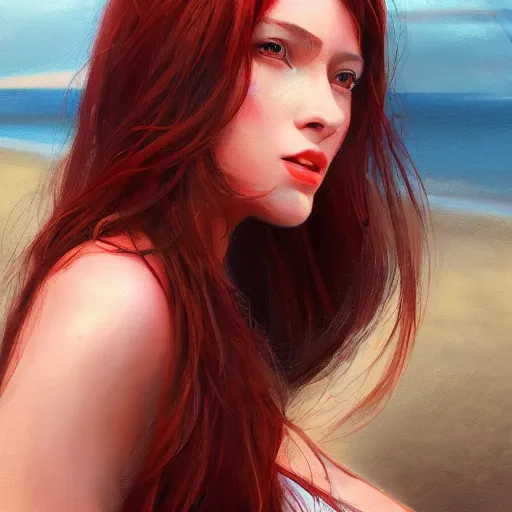 Image similar to woman with long dark brown hair wearing red clothing standing by the beach, beautiful, 8k, highly detailed, realistic, artgerm, sakimichan, rutkowski, trending on artstation, perfect face, portrait, high contrast, golden light, dramatic lighting,