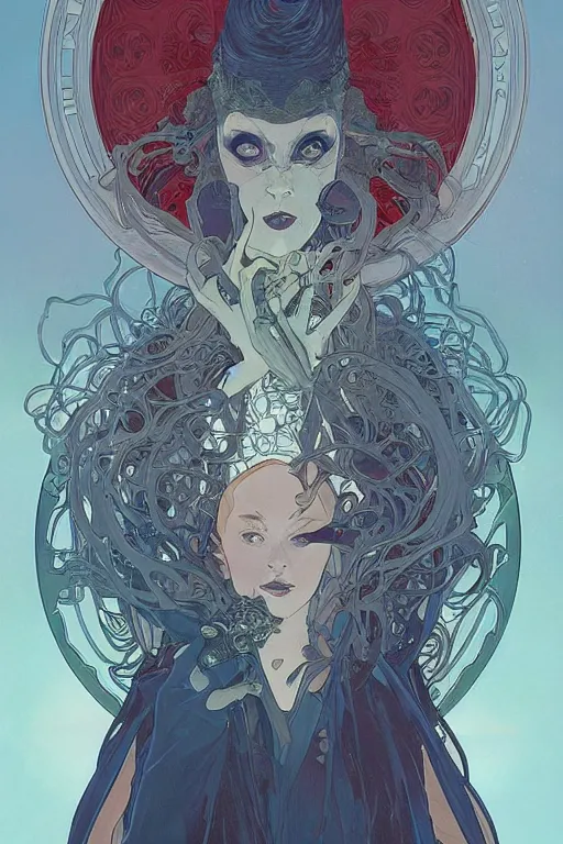 Image similar to a portrait of evil lady scientist, artstation, illustration by silvio camboni, alphonse mucha, yoshitaka amano, katsuhiro otomo, victo ngai, james gurney, brom, jeffrey jones, concept art,