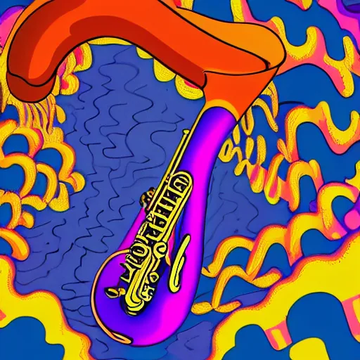 Prompt: Lisa Simpson falling into a giant saxophone, psychedelic art, uhd, matte painting