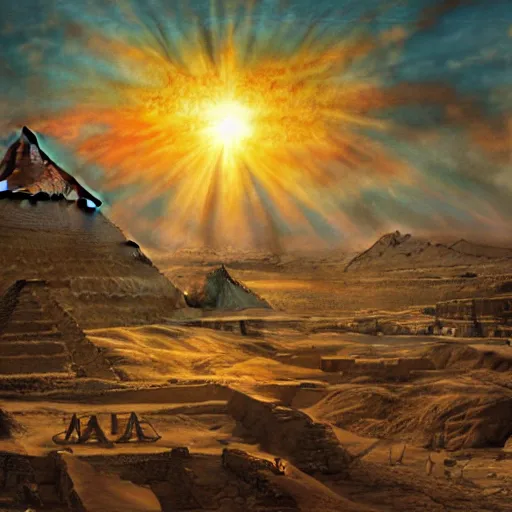 Image similar to epic disasterpiece Egyptian Sun God surrendering to darkness by Ken Kelly, photorealistic, cinematic, fantastic reality, detailed, intricate dramatic lighting, establishing shot, 8k resolution – W 1024