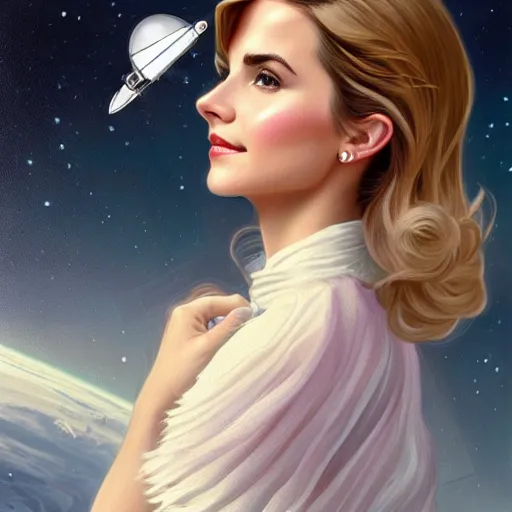 Prompt: A combination of Victoria Justice's and Grace Kelly's and Emma Watson's appearances as an astronaut, full body portrait, western, D&D, fantasy, intricate, elegant, highly detailed, digital painting, artstation, concept art, matte, sharp focus, illustration, art by Artgerm and Greg Rutkowski and Alphonse Mucha