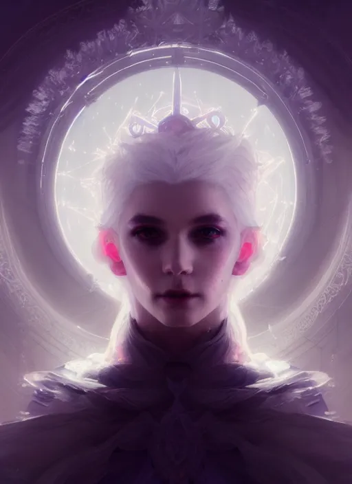 Image similar to a beautiful white haired princess, intricate concept art, ethereal, ominous, mysterious, enchanted, magic, dramatic lighting, illuminated lines, outrun, vaporware, illuminated rune symbols, cyberpunk darksynth, dark background, 8 k, by ruan jia and krenz cushart and alphonse mucha