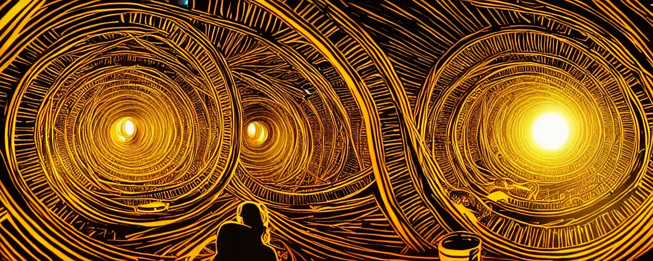 Prompt: vivid illustration of a person choosing between tunnels with groups of people inside, within a highly intricate torus with detailed golden ornamentation and golden light, choosing between pathways