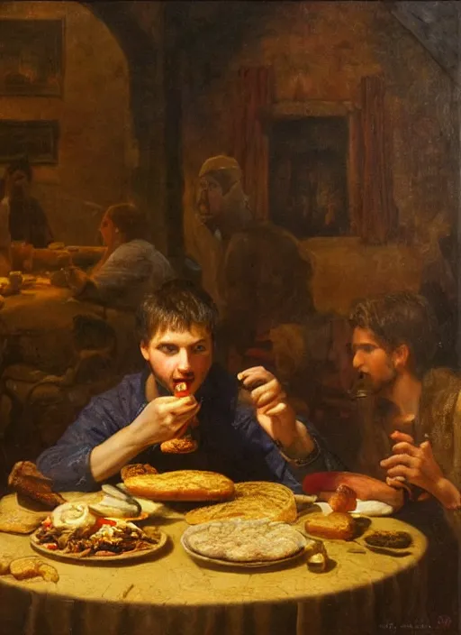 Prompt: young man eating a hamburger in the center of a dark medieval dinning room, surrounded by starving people in front of a giant painting, extremely realistic and highly detailed painting by gaston bussiere, soft light, gold ratio