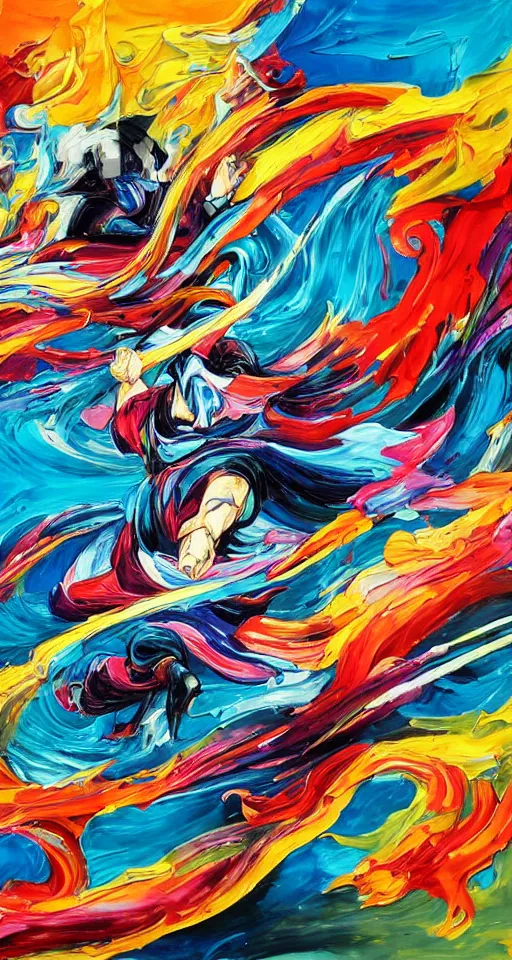 Prompt: colorful beautiful abstract painting, man, ninja with katana of water wave, full body, water fists of fury, jumping leaping heroic attack, action scene, ultra detailed