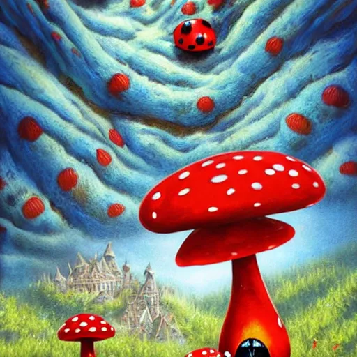 Image similar to 4 k headshot portrait of a psychedelic demonic anthropomorphic ladybug with mushroom themed clothes, magic mushroom village in background by jeff easley, award winning, stylized neon, post - processing, masterpiece, superb resolution. in the art style of junji ito and greg rutkowski. detailed mushroom city in background. hyper realistic anime. perfect art. dalle 2