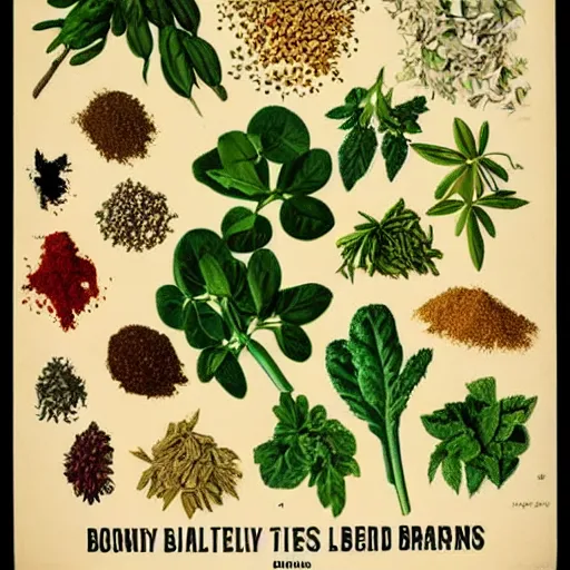 Image similar to a vintage botany poster with different herbs and spices