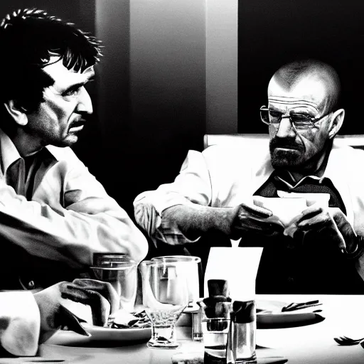 Image similar to tony montana and walter white discussing business at a dinner table, 4k, hd, photorealistic
