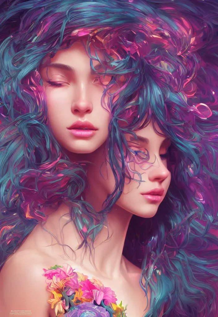 Image similar to beautiful, young woman, detailed gorgeous face, vaporwave aesthetic, synthwave, colorful, psychedelic, artstation, concept art, smooth, extremely sharp detail, finely tuned detail, ultra high definition, 8 k, unreal engine 5, ultra sharp focus, illustration, art by artgerm, greg rutkowski and alphonse mucha