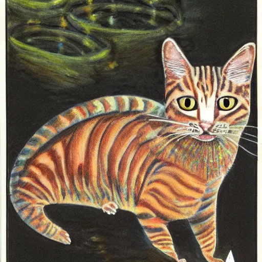 Image similar to hybrid cat and sturgeon, unusual animal, quality art in color