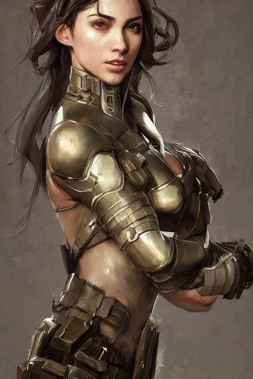 Image similar to a professionally painted portrait of an attractive young woman, clothed in military armor, olive skin, long dark hair, beautiful bone structure, symmetrical facial features, intricate, elegant, digital painting, trending on Artstation, concept art, smooth, sharp focus, illustration, from Metal Gear by Ruan Jia and Mandy Jurgens and Artgerm and William-Adolphe Bouguerea, award winning