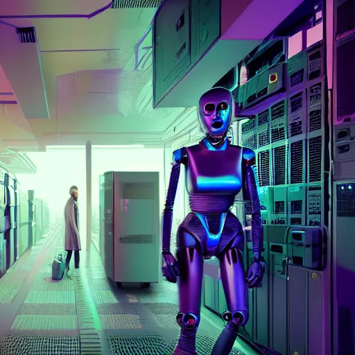 Prompt: hyperrealism stock photo of highly detailed stylish humanoid robot in sci - fi cyberpunk style by gragory crewdson and vincent di fate with many details by josan gonzalez working in the highly detailed data center by mike winkelmann and laurie greasley rendered in blender and octane render