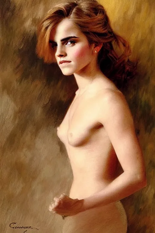 Image similar to detailed portrait of a beautiful emma watson 1 9 9 0 s hairstyle muscular, painting by gaston bussiere, craig mullins, j. c. leyendecker