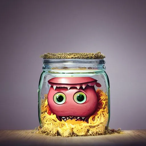 Image similar to cute monster in a jar by Greg Rutkowski, product photography, centered, studio lightning