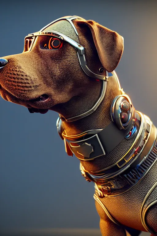 Prompt: cyborg dog, ultra hd, Painted By Annton Fadeev, unreal 5, DAZ, hyperrealistic, octane render, dynamic lighting, intricate detail, summer vibrancy, cinematic