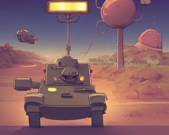 Image similar to a study of cell shaded cartoon of a chibi toad driving a tank on a desert road, street lamps, road, illustration, wide shot, subtle colors, post grunge, concept art by josan gonzales and wlop, by james jean, victo ngai, highly detailed, sharp focus, trending on artstation, hq, deviantart, art by artgem